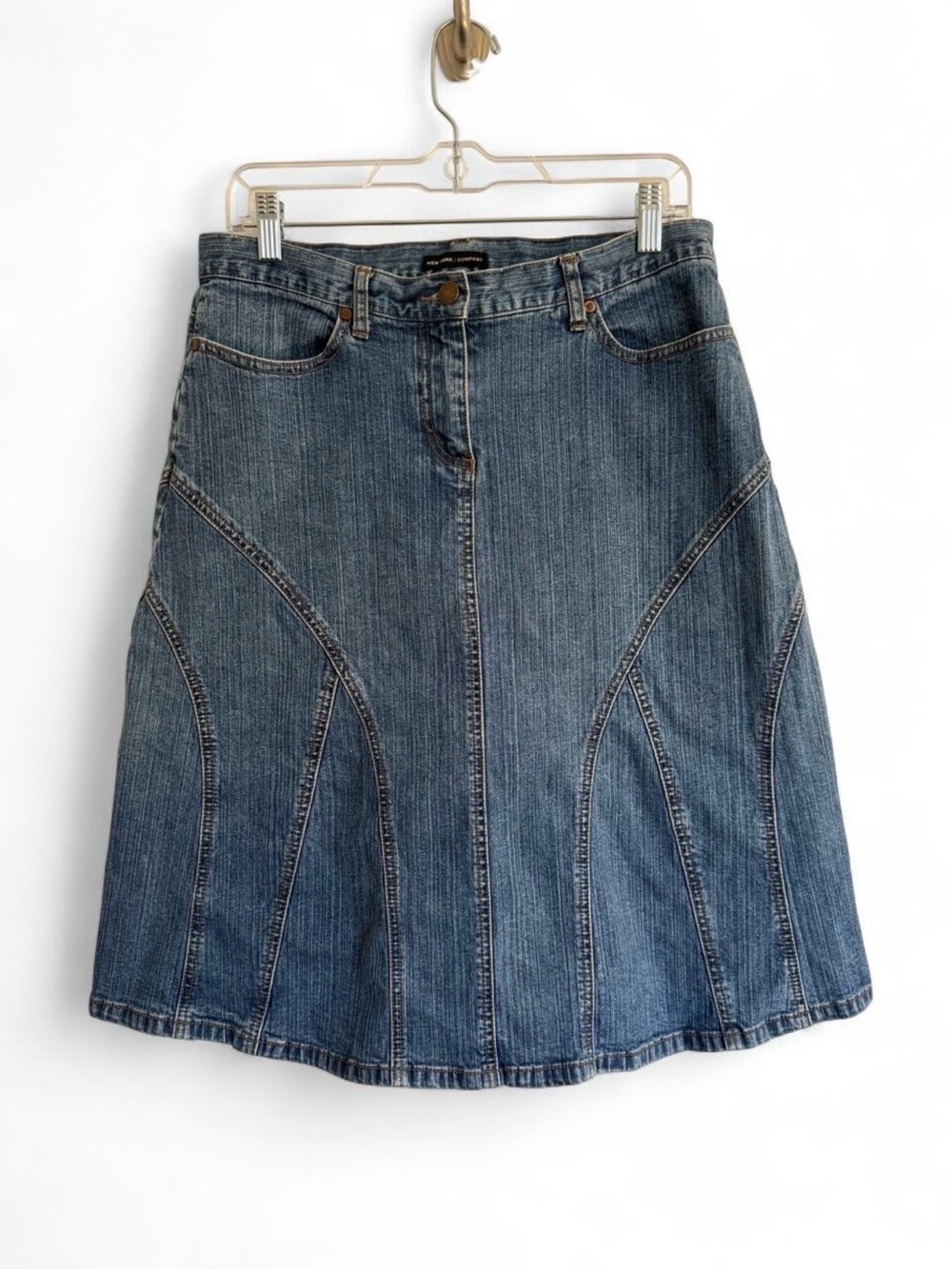 NY&CO Denim Paneled Midi Skirt Y2K Mall Goth Flared A Line Grunge Jean Skirt 10